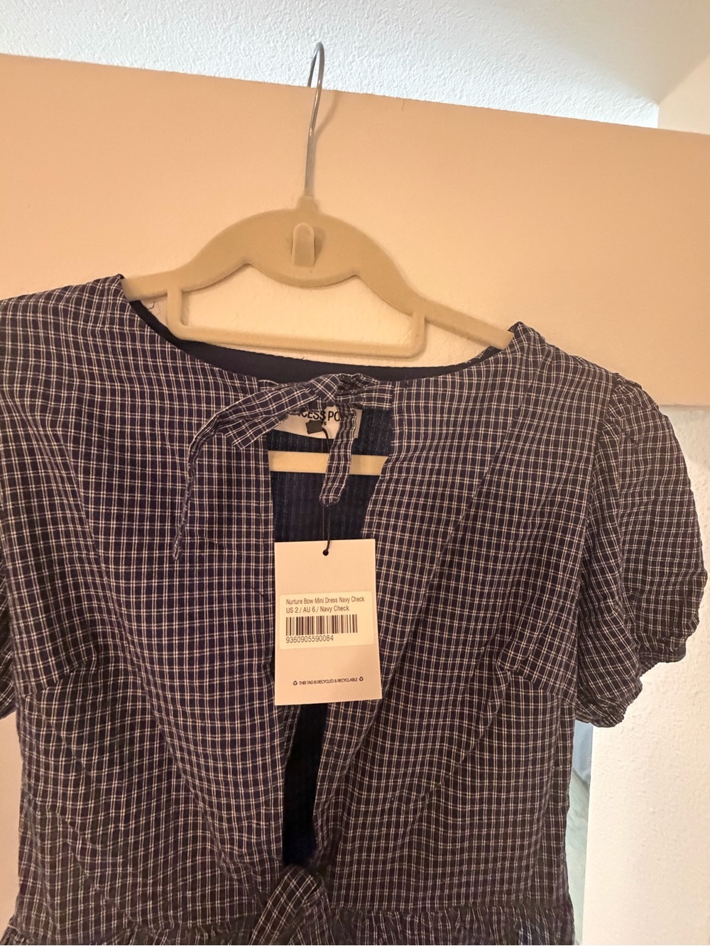 Princess Polly Navy and White Check Short Sleeve Tie-Back Dress